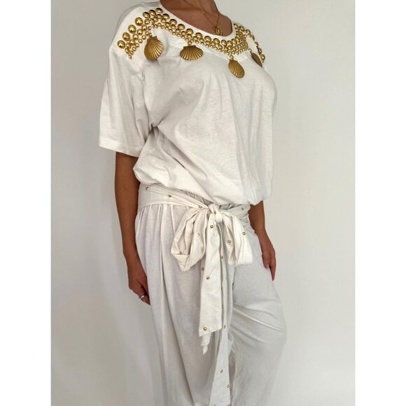 80s white embellished gold seashell retro loose cotton pant one piece jumpsuit - Picture 7 of 10